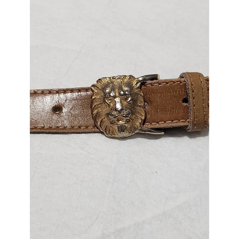 Vintage Anne Klein Calderon Leather Belt Gold Lion Head Buckle Medium Brown Tan